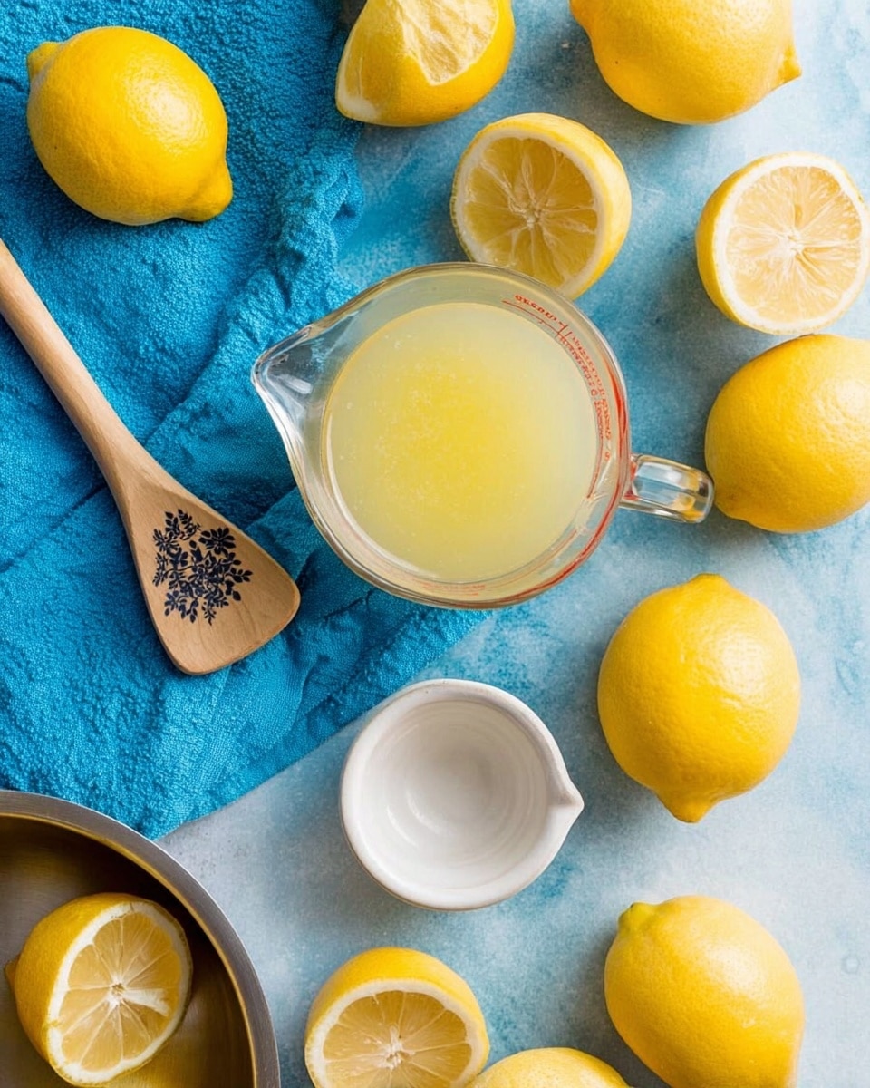 The image shows a white marbled surface covered with several halved and peeled lemons arranged around a small glass measuring cup filled with light yellow lemon juice. Near the center, there is a white small bowl with one whole yellow lemon inside. Toward the lower left corner, a silver pot with a wooden spoon inside rests on a bright blue cloth. The wooden spoon has a dark floral design on it. The lemons have a bright yellow color with smooth, shiny textures, and the lemon juice in the measuring cup has a slightly frothy surface. Photo taken with an iphone --ar 4:5 --v 7