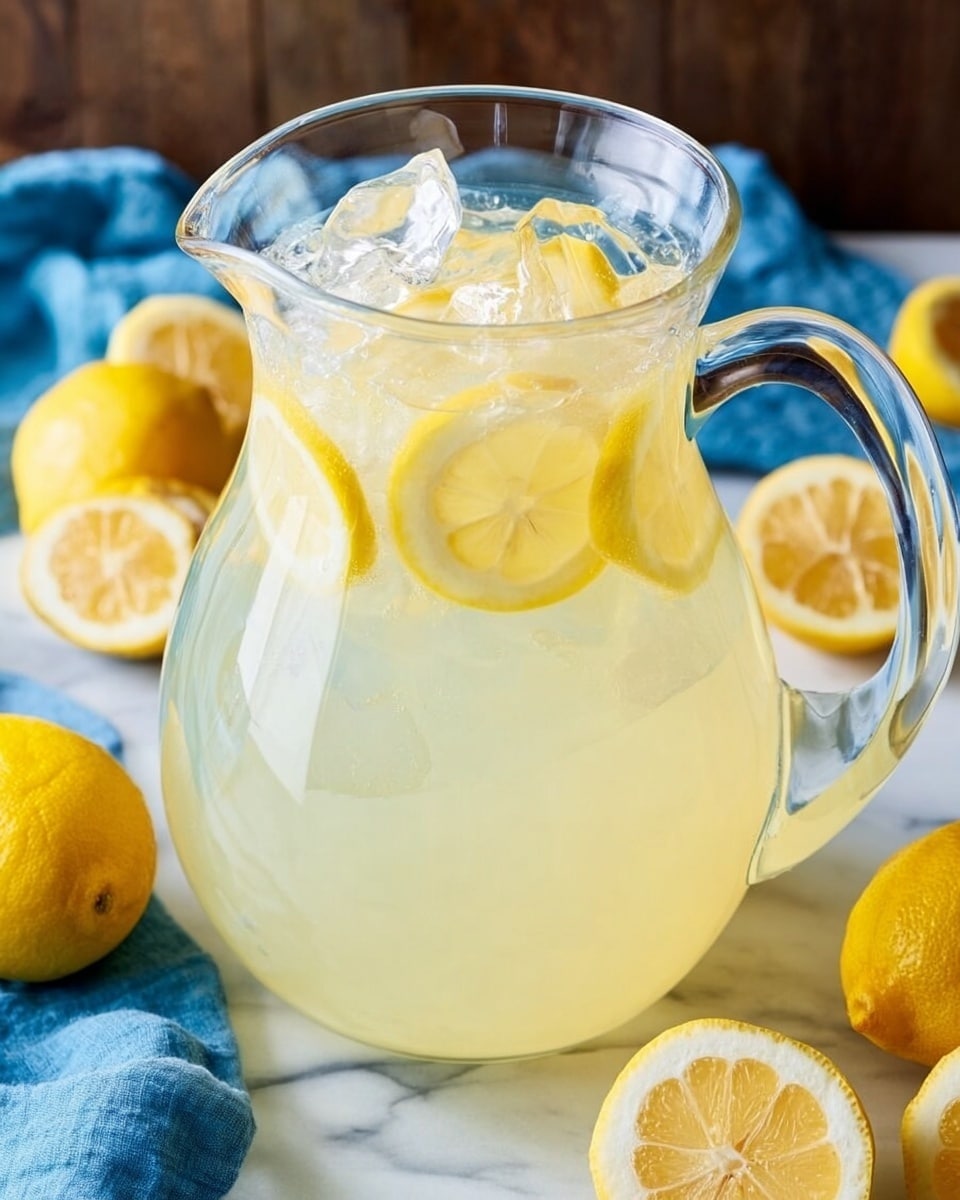 A clear glass pitcher filled with pale yellow lemonade sits on a white marbled surface. The lemonade has several slices of bright yellow lemon floating near the top, mixed with clear ice cubes. The pitcher has a curved handle on the right and a wide spout on the left. Around the pitcher, there are whole and halved lemons with bright yellow color, and a blue cloth is partially visible underneath the pitcher. The wood surface visible in the background is replaced by a white marbled texture. photo taken with an iphone --ar 4:5 --v 7