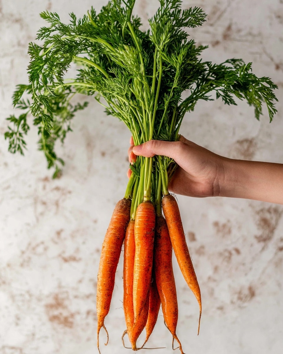 A woman's hand is holding a bunch of five fresh carrots by their green leafy tops, with the bright orange roots hanging down. The carrots are long and thin with a slightly rough texture, and the leafy green tops are full and vibrant with delicate, feathery leaves spreading out. The background is a white marbled surface with some subtle brownish spots and texture. photo taken with an iphone --ar 4:5 --v 7
