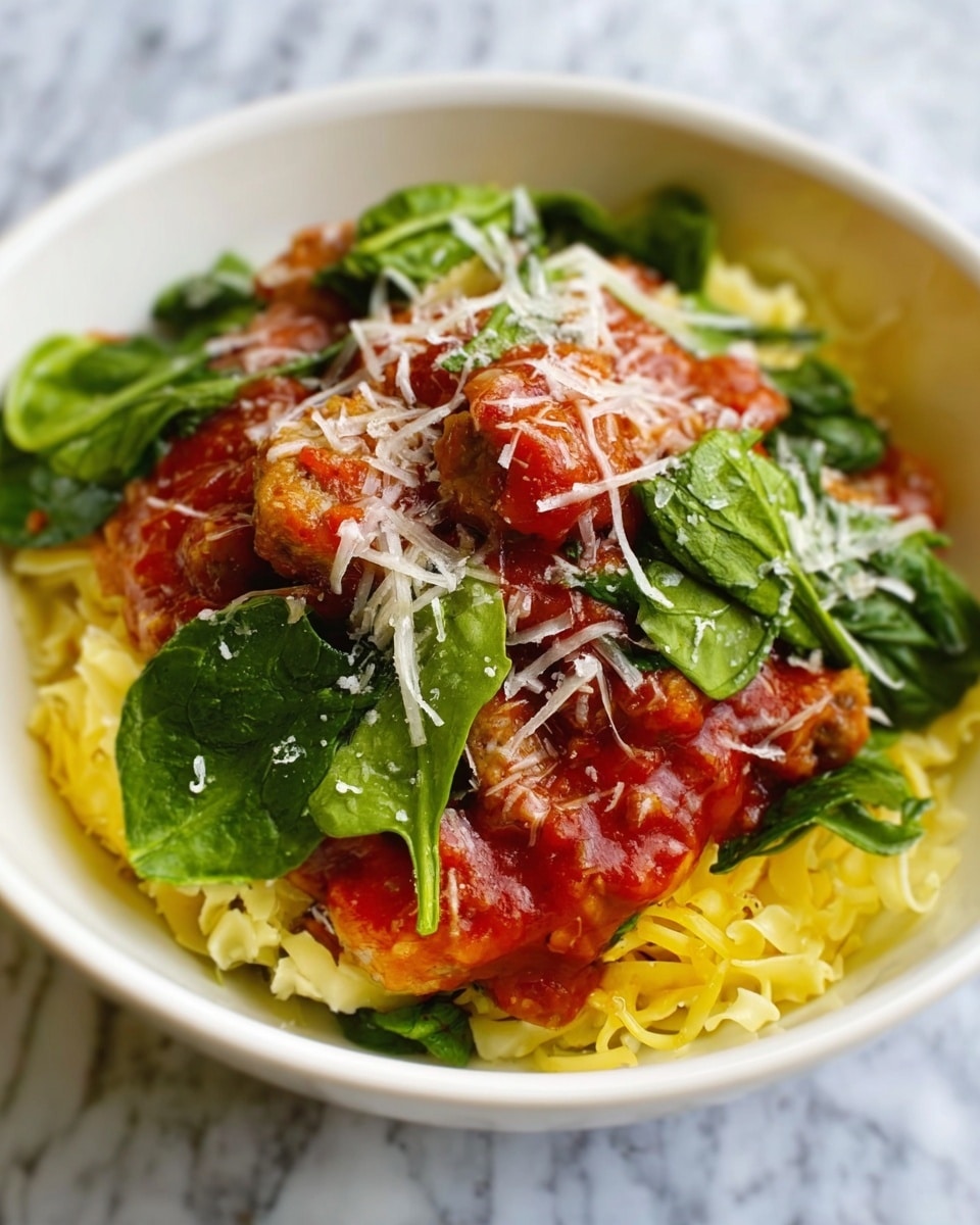 The image shows a white bowl filled with a creamy layer of light yellow pasta at the bottom, topped with a thick red tomato sauce mixed with pieces of sausage. Fresh green spinach leaves are scattered on top, and the dish is finished with grated white cheese sprinkled over the sauce and greens. The surface it sits on is a white marbled texture. Photo taken with an iphone --ar 4:5 --v 7