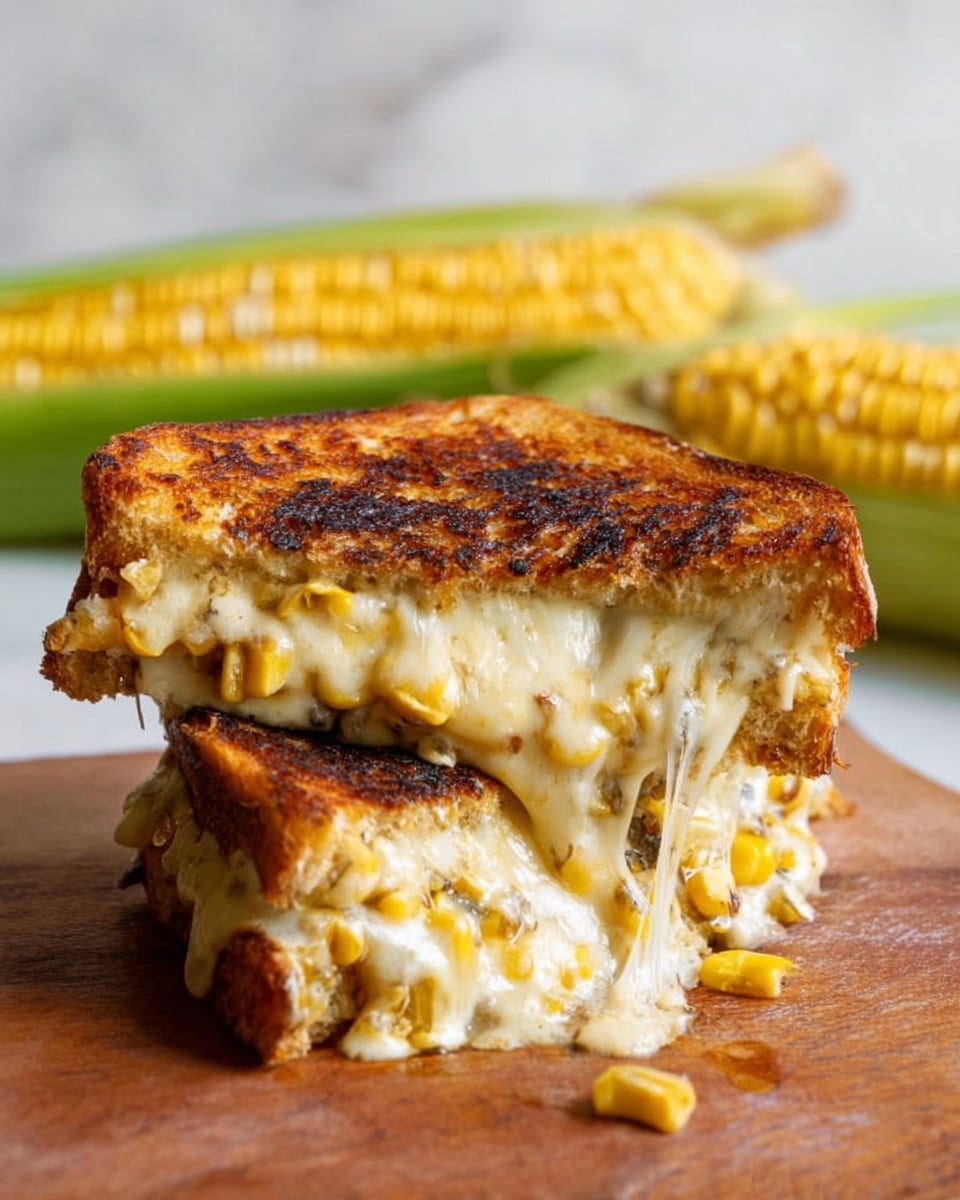 The image shows two halves of a sandwich stacked on top of each other on a wooden board. The sandwich has a dark golden brown crust that looks crispy and toasted. Inside, there is a creamy filling with visible yellow corn kernels and small black pieces, mixed throughout a soft, white cheese layer that looks melted and thick. The texture inside is chunky and rich, with the layers tightly pressed together. The background is a white marbled texture with a blurred ear of corn behind the sandwich. photo taken with an iphone --ar 4:5 --v 7
