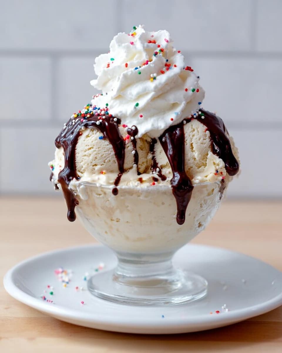 This dessert has two large scoops of light beige ice cream placed inside a clear glass bowl, which sits on a white plate with a white marbled surface background. The ice cream is topped with dark chocolate syrup dripping down the sides and colorful round sprinkles scattered over it. On top of the ice cream, there is a large swirl of white whipped cream adding height and a fluffy texture to the dessert. Photo taken with an iphone --ar 4:5 --v 7