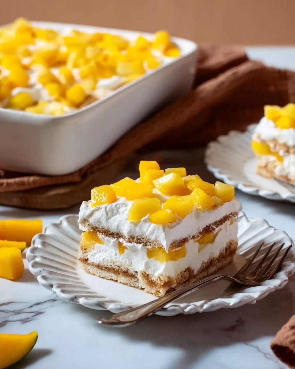 The image shows a dessert with three layers placed on a white plate with scalloped edges. The bottom layer is a light brown crust that looks firm and crumbly. Above it, there is a thick layer of white cream mixed with chunks of bright yellow fruit. The next layer is another thin layer of the same light brown crust. Then, there is a thick white cream layer topped with small cubes of the same bright yellow fruit scattered all over. In the background, there is a white rectangular dish filled with more of the same fruit cubes and cream layers, as well as a woman's hand holding a fork on the side of the plate. The whole scene is set on a white marbled surface with warm natural light, and a brown cloth is placed nearby. Photo taken with an iphone --ar 4:5 --v 7