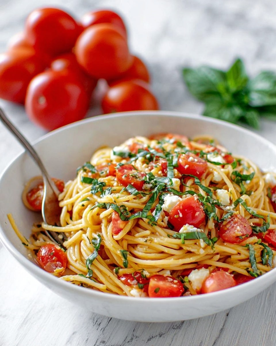The image shows a white bowl filled with spaghetti pasta mixed with bright red tomato chunks, small white pieces of cheese, and thin strips of green basil on top. A silver fork is placed inside the bowl on the left side. In the background, there are several whole red tomatoes and some green basil leaves blurred out. The bowl sits on a white marbled surface. photo taken with an iphone --ar 4:5 --v 7