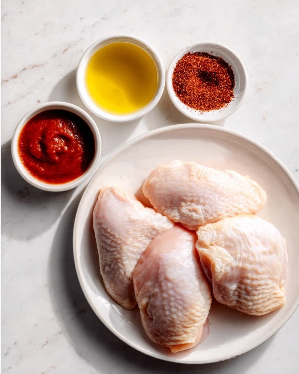 The image shows four raw chicken pieces placed on a white round plate on the right side of the frame. To the left of the plate, there are three small white bowls forming a loose triangle, containing different ingredients: the top bowl has golden yellow oil, the middle bowl contains a dark red powdery spice, and the bottom bowl holds a thick red sauce. The background is a white marbled surface that contrasts with the colors of the ingredients, giving a fresh and clean look. photo taken with an iphone --ar 4:5 --v 7
