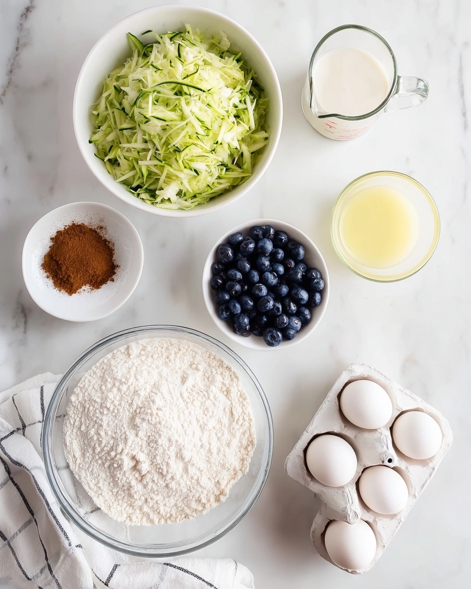 The image shows several ingredients arranged neatly on a white marbled surface. At the bottom left, there is a clear glass bowl filled with white flour mixed with white sugar and a small pile of brown cinnamon powder on one side. To the left and above, a white bowl holds shredded green zucchini with thin dark green peel bits. Next to this, a small white bowl is filled with dark blue round blueberries. On the right side, a clear measuring cup contains a light yellow liquid, and above it, a transparent glass mug holds a frothy white liquid. At the bottom right corner, there is a white egg holder with three white eggs placed inside. A white cloth with thin black stripes lines part of the bottom edge. photo taken with an iphone --ar 4:5 --v 7