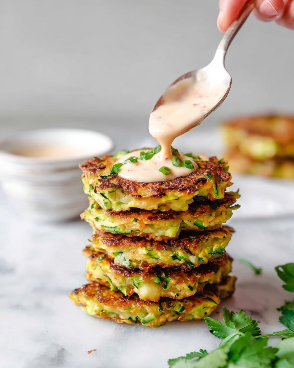 A stack of six golden brown zucchini fritters with green bits of zucchini and herbs visible in each layer, sitting directly on a white marbled surface; on top of the stack, a woman's hand holds a silver spoon drizzling a creamy light pink sauce with small green herb pieces over the fritters; in the softly blurred background, there is a stack of two white bowls and some fresh cilantro leaves on the white marbled surface photo taken with an iphone --ar 4:5 --v 7