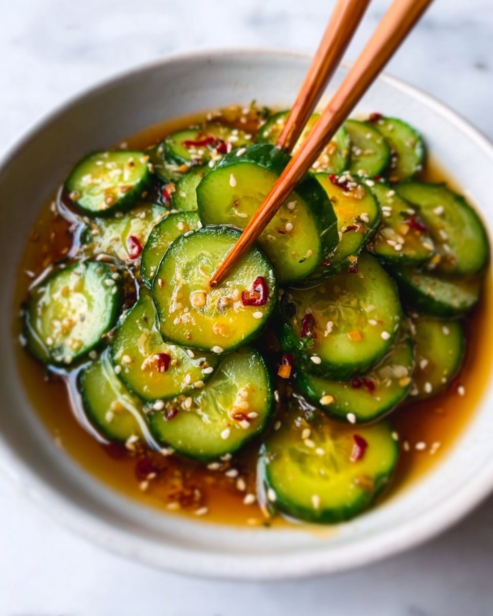 The image shows a close-up of thin cucumber slices arranged in a white bowl filled with a brownish sauce. The cucumbers are bright green with a fresh, slightly glossy texture. They are sprinkled with white sesame seeds and small red flakes. A woman's hand uses wooden chopsticks to pick up a stack of cucumber slices from the bowl. The background is a white marbled surface. Photo taken with an iphone --ar 4:5 --v 7
