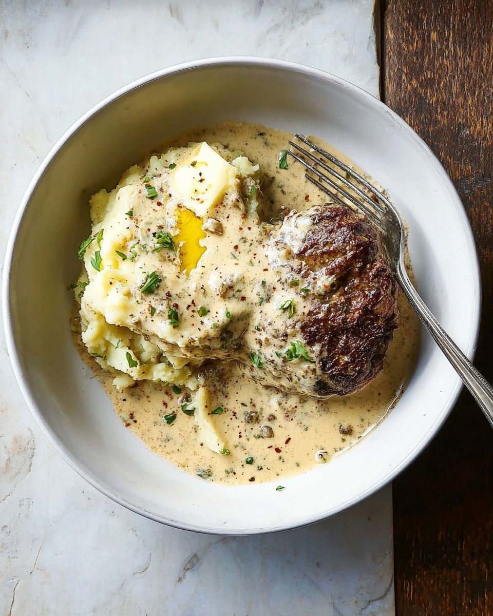 A white bowl on a white marbled surface holds a serving of mashed potatoes and a piece of browned meat. The mashed potatoes are creamy and light yellow with a small pool of melted butter on top, sprinkled with black pepper and small green herb bits. The meat is dark brown with a seared crust and is partly covered in a thick, creamy sauce that is light beige with flecks of herbs, surrounding both the meat and potatoes. A silver fork rests inside the bowl on the right side, its handle sticking out. photo taken with an iphone --ar 4:5 --v 7