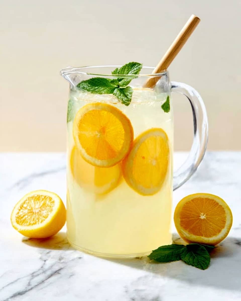 A clear glass filled with a light yellow drink and several large ice cubes. Inside the glass, thin slices of lemon float near the top, giving a fresh look. A white and pink striped paper straw is placed on the right side, angled slightly outward. The glass sits on a white marbled surface, which adds a clean and bright background to the image. The light reflects softly on the liquid and ice, making the drink appear cool and refreshing. photo taken with an iphone --ar 4:5 --v 7