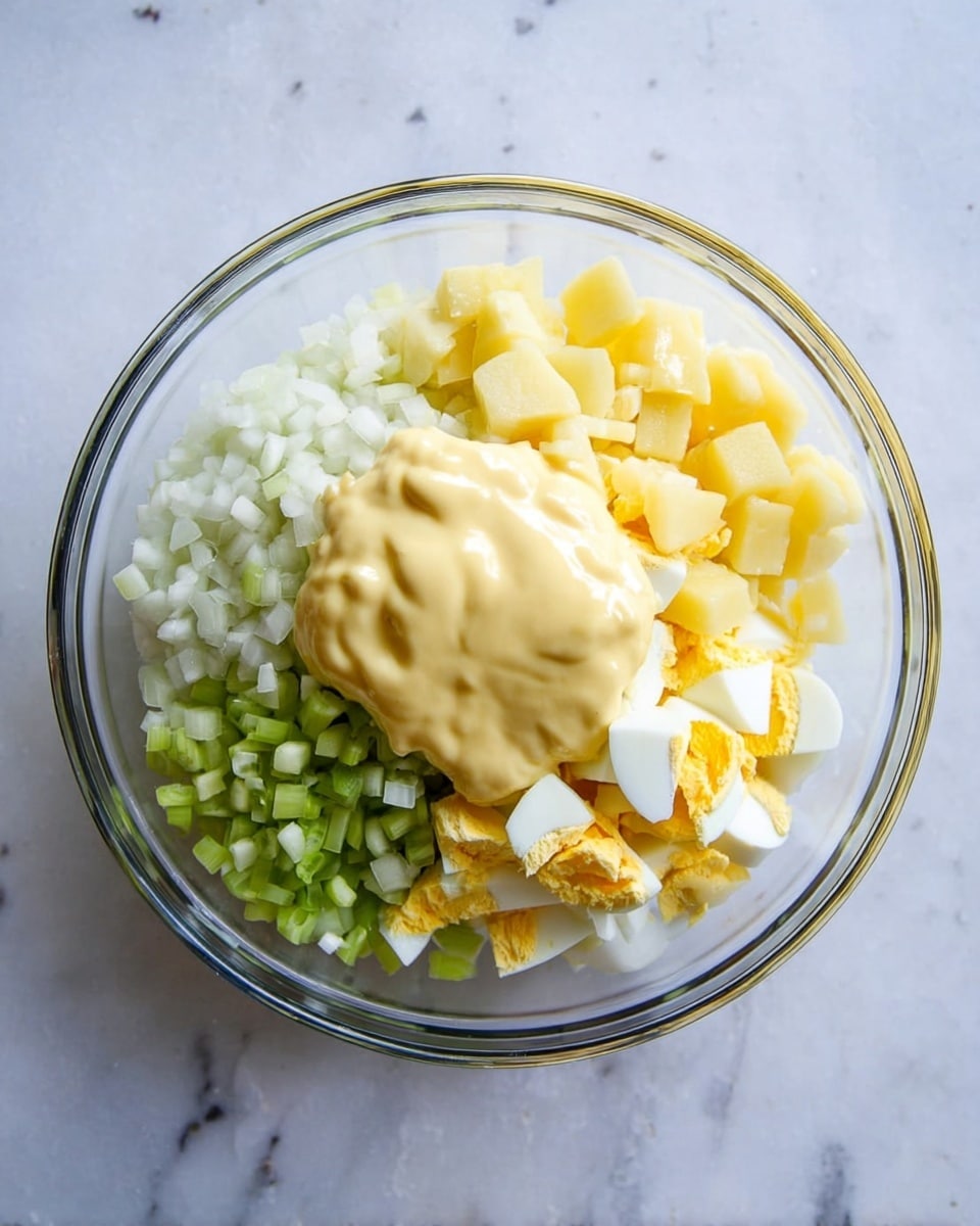 A clear glass bowl holds six layers of ingredients seen from above. The bottom left layer is finely chopped white onion, next to it on the bottom middle is small green celery pieces. The bottom right layer is chopped hard-boiled egg with bright white whites and vibrant yellow yolks. The top left section shows small cubes of pale yellow potatoes. Sitting on top in the middle is a thick layer of creamy pale yellow mayonnaise covering part of the onions, celery, and potatoes. The bowl is placed on a white marbled surface. photo taken with an iphone --ar 4:5 --v 7