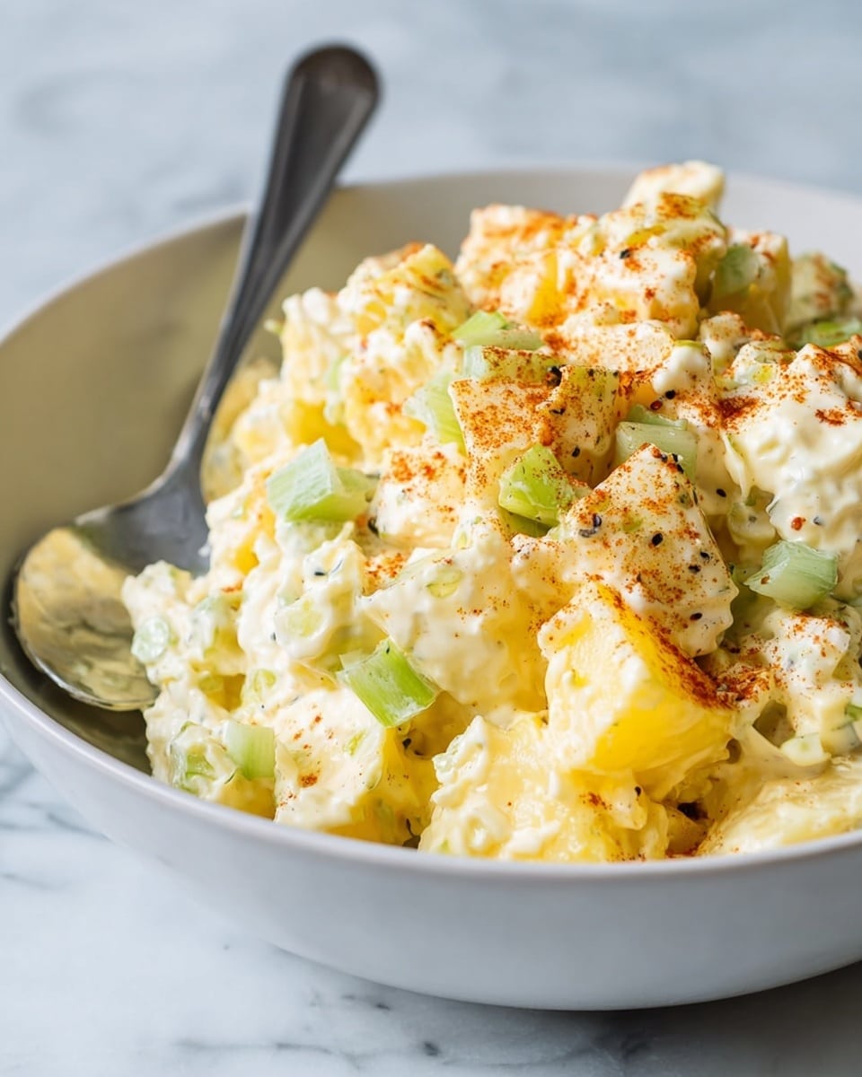A white speckled bowl filled with chunky potato salad made of large pale yellow potato pieces mixed with small bits of pale green celery, all coated in creamy white dressing. The potato salad is topped with a light sprinkle of reddish-brown paprika and black pepper. A metal spoon rests inside the bowl on the left side. The bowl sits on a white and red striped cloth over a white marbled surface. To the right side, a small white bowl holds more creamy white dressing with a small silver spoon in it. Photo taken with an iphone --ar 4:5 --v 7