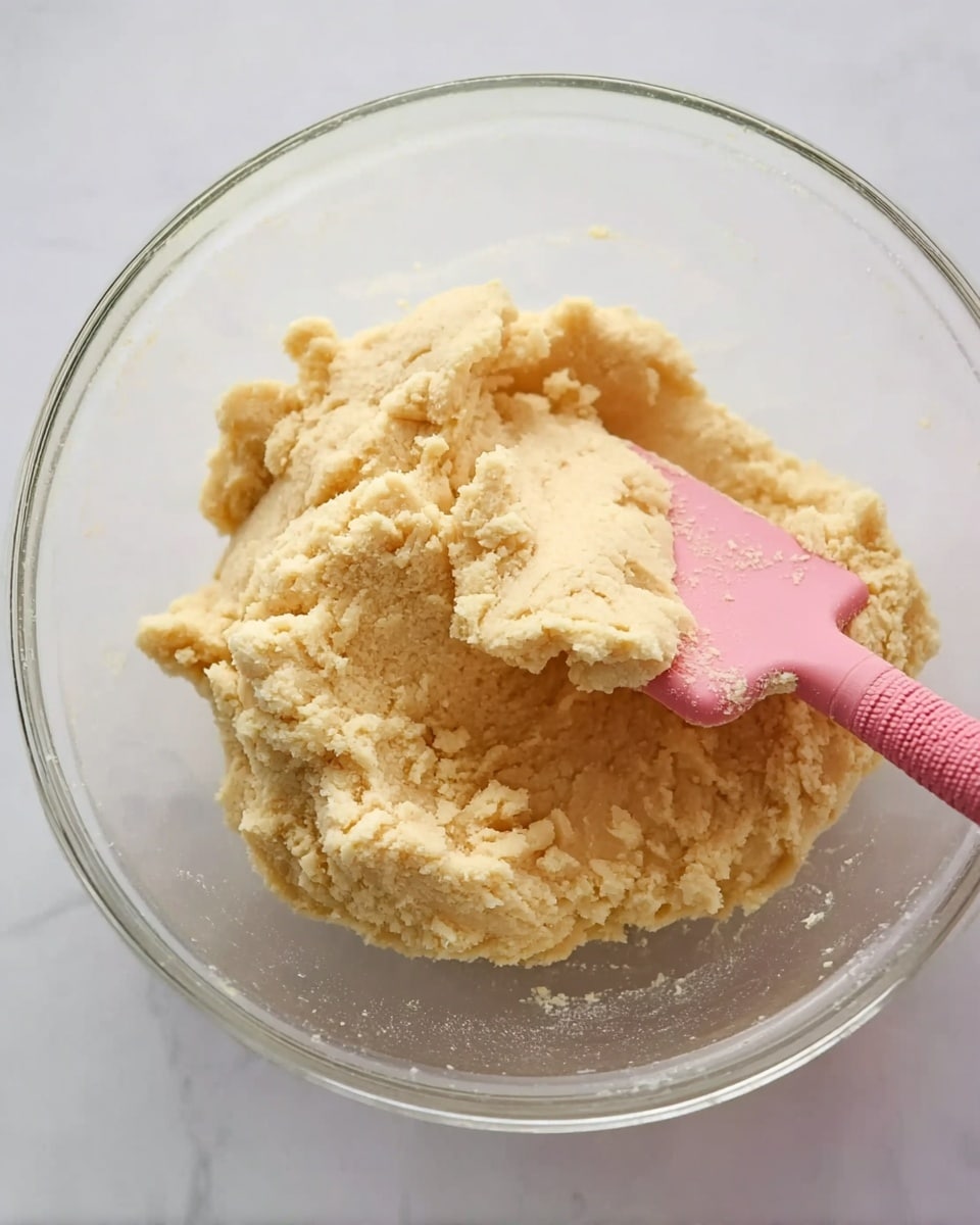 A clear glass bowl sits on a white marbled surface, holding a large mound of pale yellow dough with a soft, slightly crumbly texture. The dough fills most of the bowl, and a pink spatula with a textured handle is lifting part of the dough from the right side, angled toward the top right corner of the image. The spatula’s flat edge presses gently into the dough, showing its soft, malleable consistency. Photo taken with an iphone --ar 4:5 --v 7