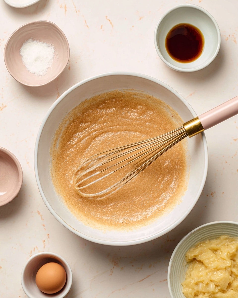 A white mixing bowl sits on a white marbled surface, filled with a light brown, smooth batter with a slightly grainy texture, being stirred by a whisk with a gold handle and pale pink wires; around the bowl are four small white bowls, one containing a whole brown egg, another with a clear dark brown liquid, one with a white creamy substance, and the last with mashed yellow banana with some lumps, each bowl placed neatly around the main bowl. photo taken with an iphone --ar 4:5 --v 7