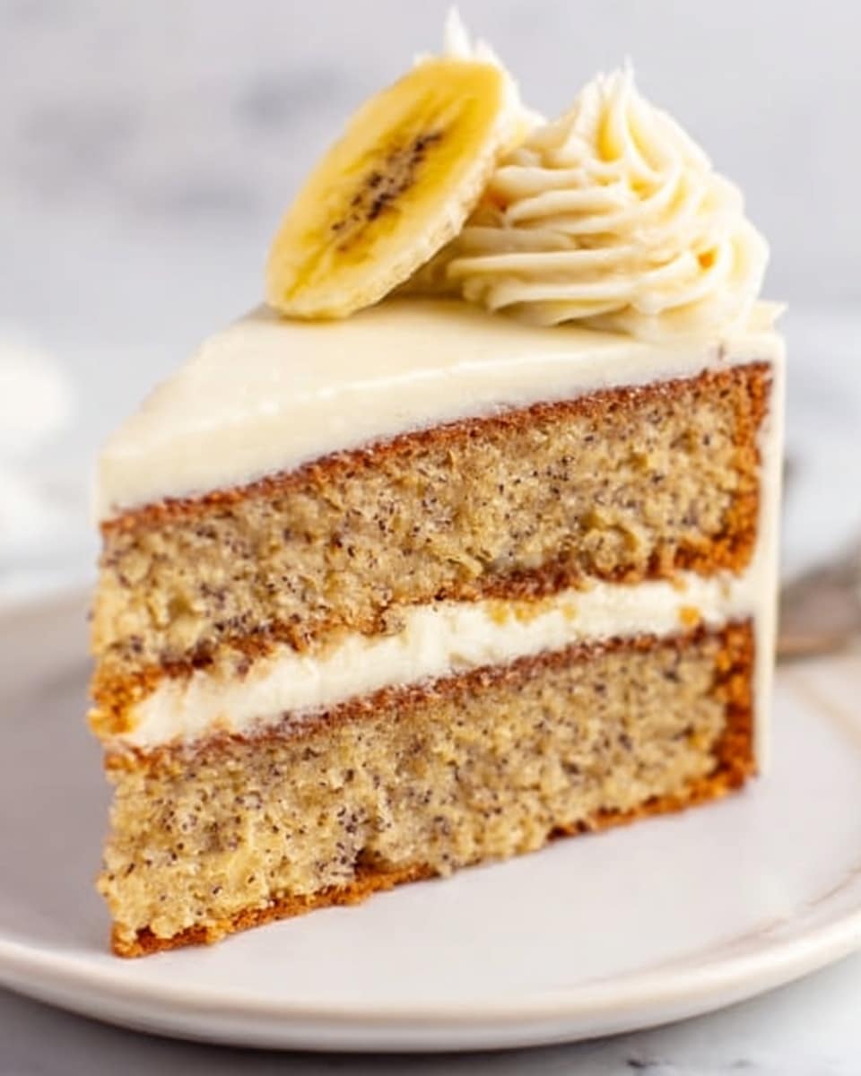 The image shows a slice of two-layer banana cake with light cream frosting in between the layers and on top. The cake layers are golden brown with small dark specks, showing the texture of mashed bananas inside. The frosting is smooth and creamy white, covering the top and sides of the slice. On top of the cake, there is a swirl of thick cream frosting with a small decoration that looks like a banana chip. The cake is on a white plate, placed on a white marbled surface background. photo taken with an iphone --ar 4:5 --v 7