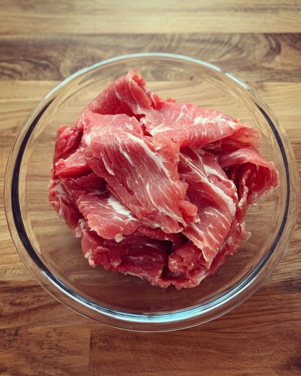 A clear glass bowl is filled with thin, raw slices of red meat showing a mix of bright red and light marbled white fat, with the meat slightly folded over itself in layers. The bowl sits on a wooden surface with warm brown tones and natural grain patterns. photo taken with an iphone --ar 4:5 --v 7