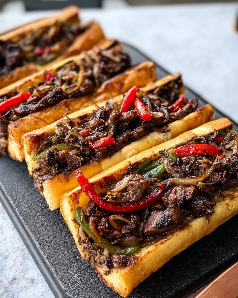 A sandwich held by a woman's hand covered with a black glove shows multiple layers of grilled beef and sautéed red and green bell peppers inside a golden toasted white bun. The beef is browned with a slightly charred texture, and the peppers add bright red and green strips that contrast with the meat. The sandwich is held over a white marbled surface with blurred outdoor background and a large knife with a brown handle resting nearby. Photo taken with an iphone --ar 4:5 --v 7
