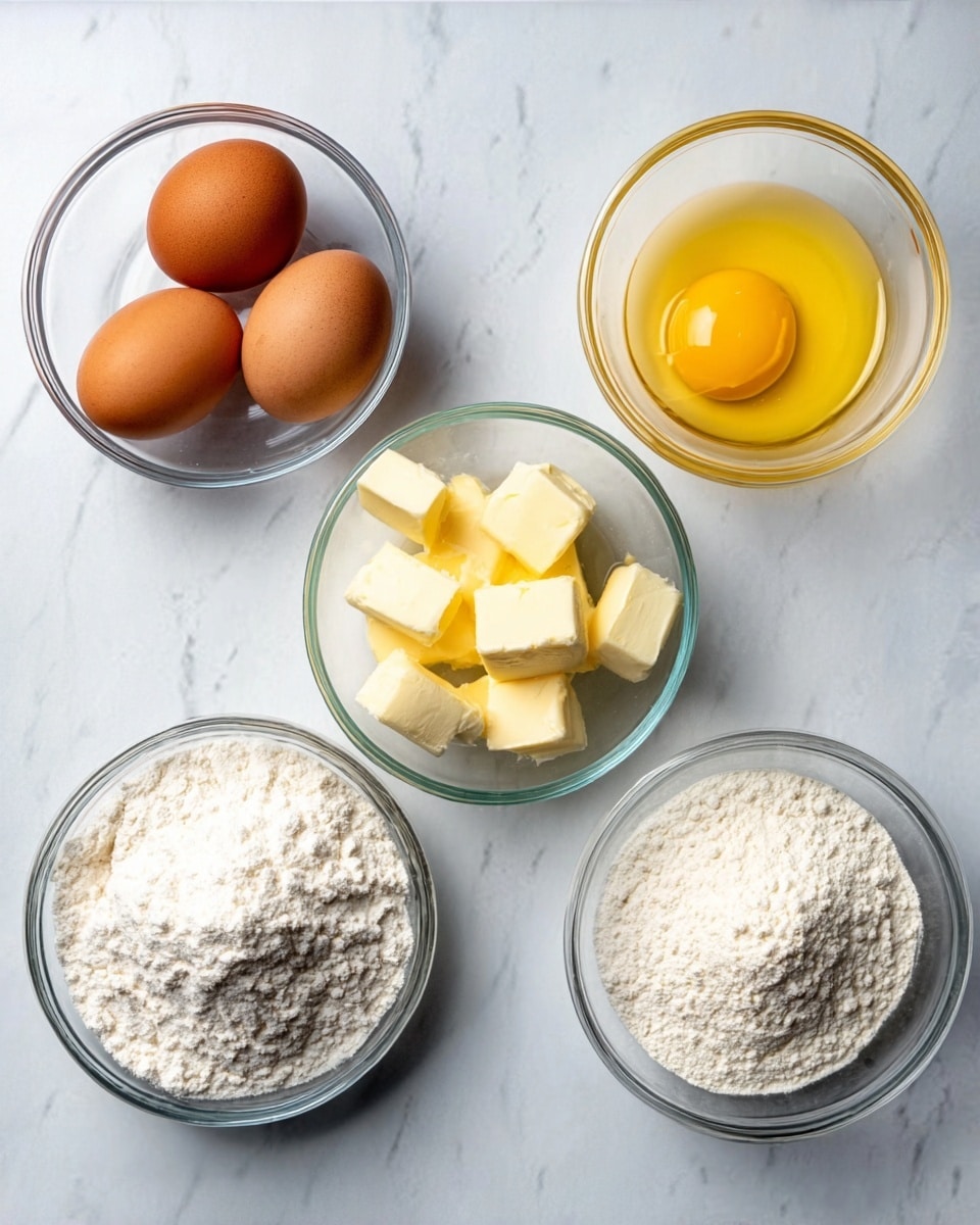 The image shows six glass bowls on a white marbled surface. In the top row, from left to right, the first bowl holds two whole brown eggs, the second bowl contains one cracked brown egg with a bright yellow yolk and clear egg white, and the third bowl has melted butter that is smooth and golden yellow. In the bottom row, from left to right, the first bowl is filled with white flour with a powdery texture, the second bowl contains several small pieces of pale yellow butter, and the third bowl is full of more white flour. The bowls are arranged neatly in two rows, each with a clear, smooth glass texture, emphasizing the various stages of simple baking ingredients photo taken with an iphone --ar 4:5 --v 7