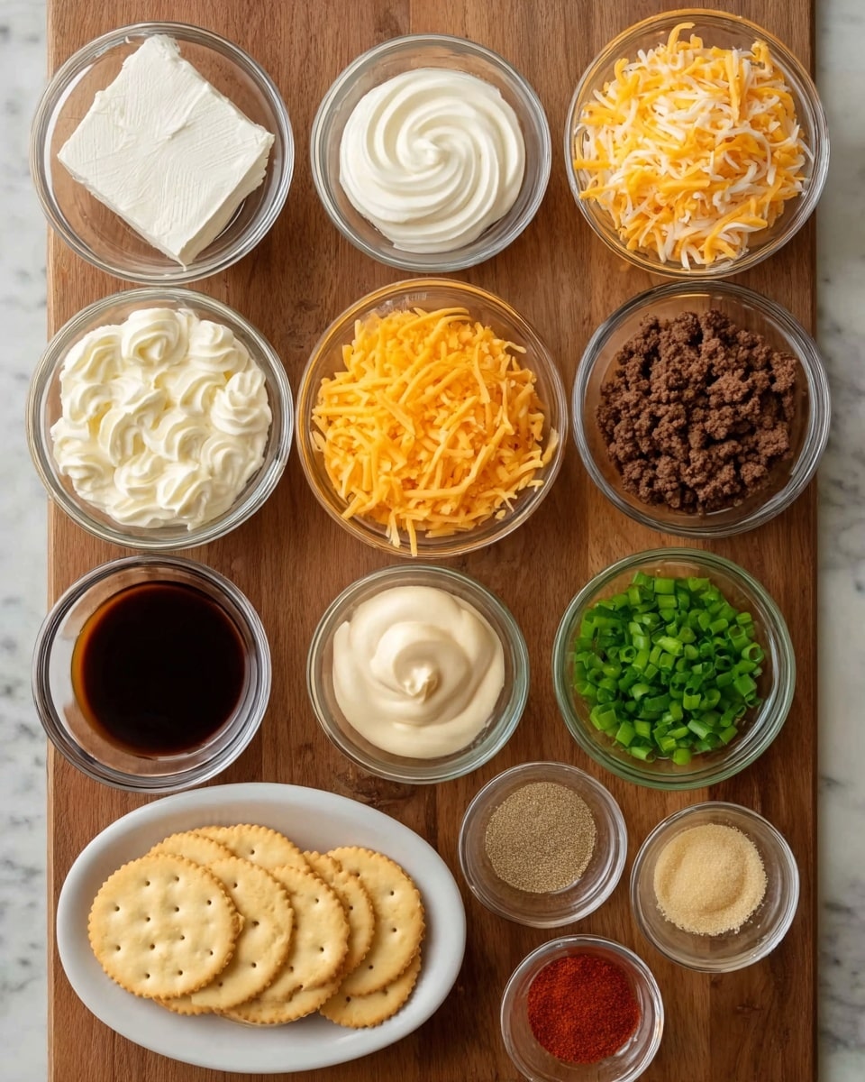 The image shows twelve glass bowls arranged neatly on a wooden surface, each filled with different ingredients. The back row has three bowls: one with a white block of cream cheese, one with white sour cream swirled on the top, and one with light beige mayonnaise with a creamy texture. The middle row has three bowls: one with bright orange shredded cheddar cheese, one with white shredded mozzarella cheese, and one with dark brown cooked ground beef. Below them, five small bowls hold dark brown Worcestershire sauce, two beige powdered spices, red paprika powder, and finely chopped bright green onions. At the bottom, a white oval plate holds two types of crackers, one round and golden, the other rectangular and light beige. The background is a white marbled texture. photo taken with an iphone --ar 4:5 --v 7