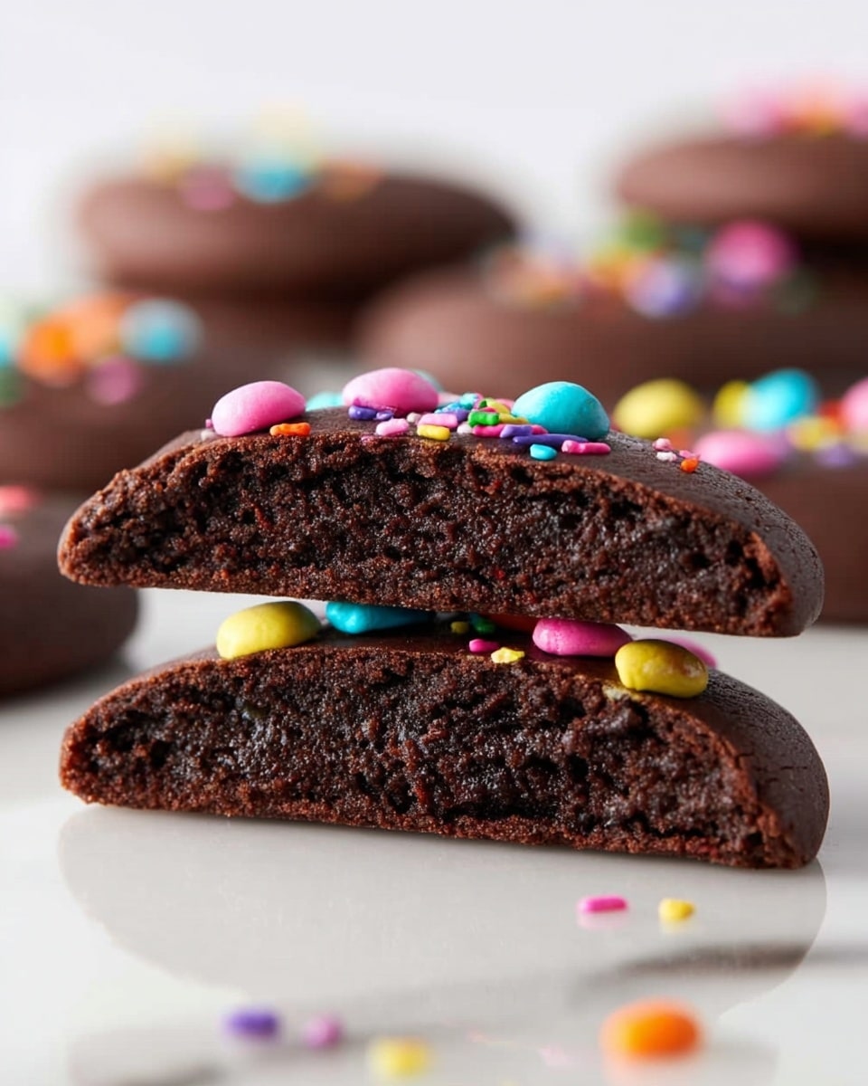 This image shows a close-up of a thick, dark brown chocolate cookie that is split in half and stacked one piece on top of the other. The cookie has a soft, dense texture with a slightly shiny surface. Small, colorful candy sprinkles in pink, yellow, blue, orange, purple, and green are scattered on the top layer, adding bright spots of color. In the blurred background, more cookies with similar candy sprinkles are visible, all placed on a white marbled surface. The photo taken with an iphone --ar 4:5 --v 7