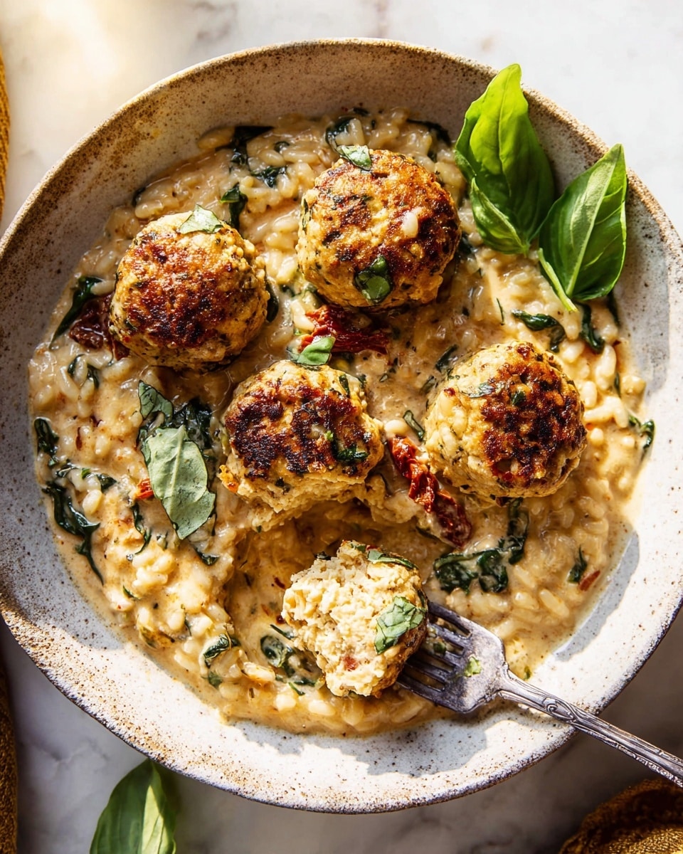 A speckled white bowl holds a creamy, light beige risotto with bits of bright green spinach and small pieces of sun-dried tomatoes mixed in. On top, there are four round, golden-brown meatballs with a slightly crisp, herb-speckled crust. Fresh green basil leaves rest on the side and near the center of the bowl. Two old-style silver forks dip into the risotto and meatballs, one holding a cut meatball showing its inside texture. The whole setup sits on a white marbled texture, and warm light highlights the creamy texture of the risotto and the herbs on the meatballs. photo taken with an iphone --ar 4:5 --v 7
