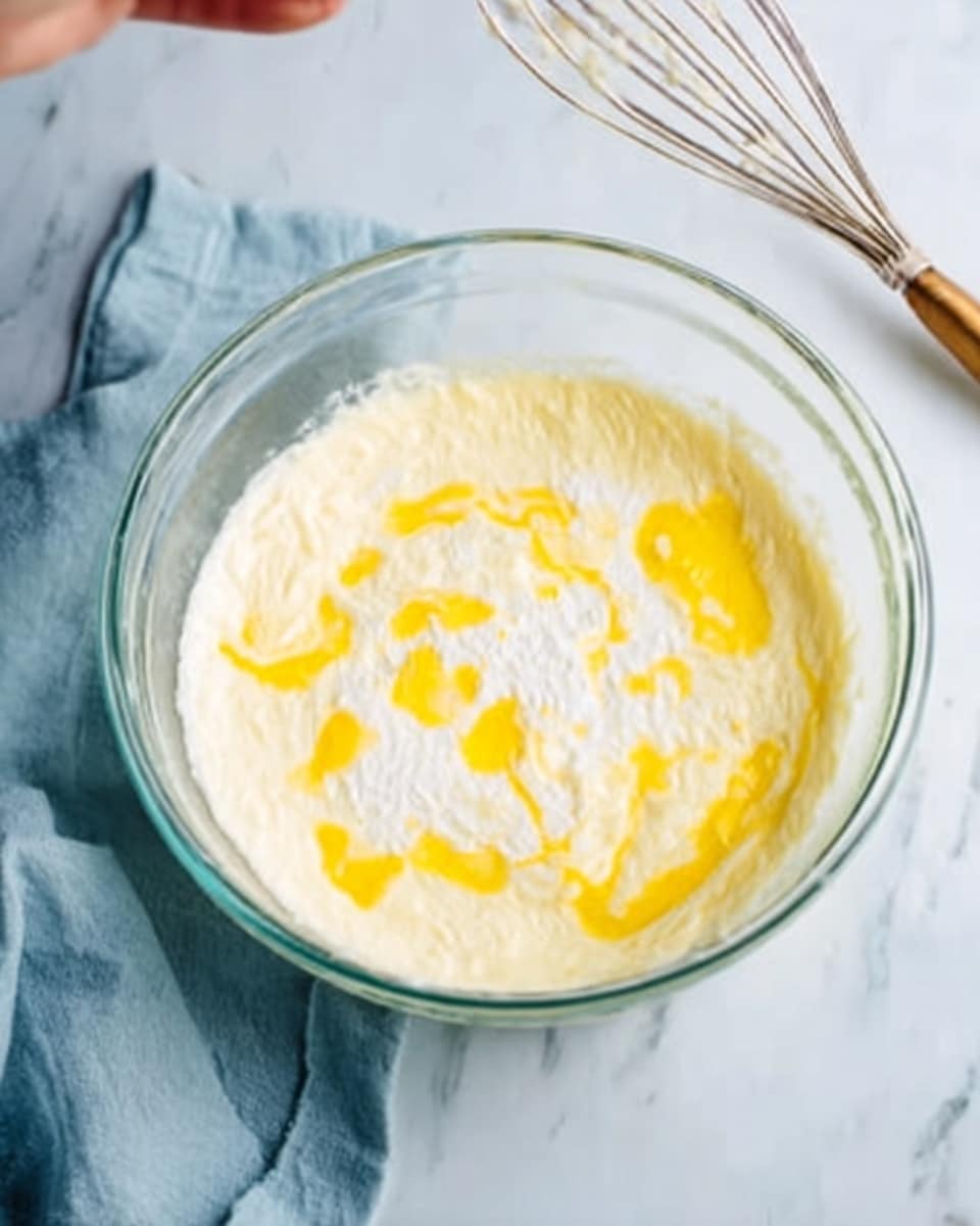 A clear glass bowl filled with a creamy, pale yellow mixture with swirls of melted butter on the surface, placed on a light blue and white striped cloth on a white marbled texture background, with a woman's hand holding a yellow spatula stirring the ingredients inside the bowl photo taken with an iphone --ar 4:5 --v 7