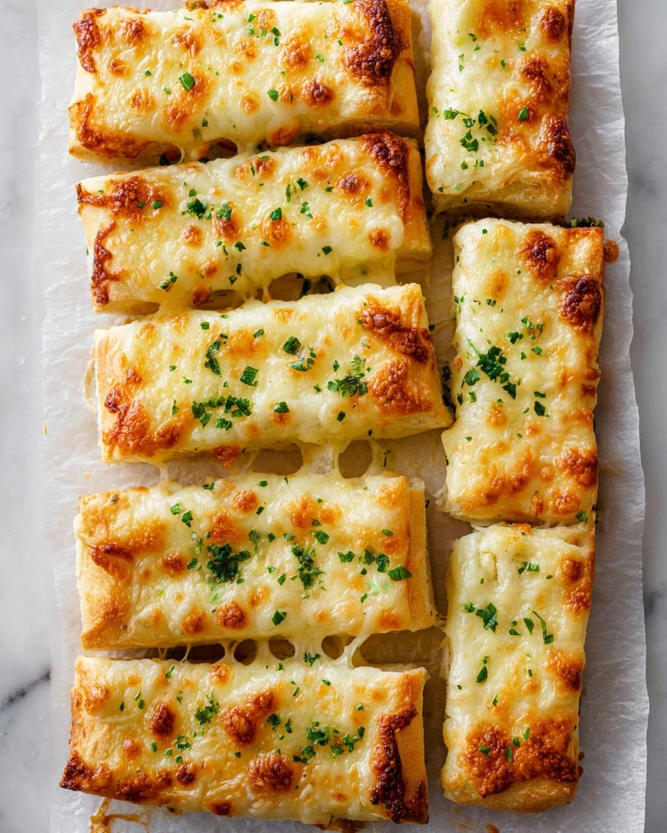 The image shows a white marbled surface with eleven golden-brown baked rolls arranged in rows. Each roll is rectangular, with a lightly crisped, melted cheese layer on top that has small browned spots. The cheese layer is sprinkled evenly with small green herb pieces, likely parsley, adding color contrast. The rolls have a slightly puffed, flaky dough texture at the edges, and the cheese topping appears smooth and glossy. The rolls are lined on a sheet of white parchment paper that covers the marbled surface. photo taken with an iphone --ar 4:5 --v 7