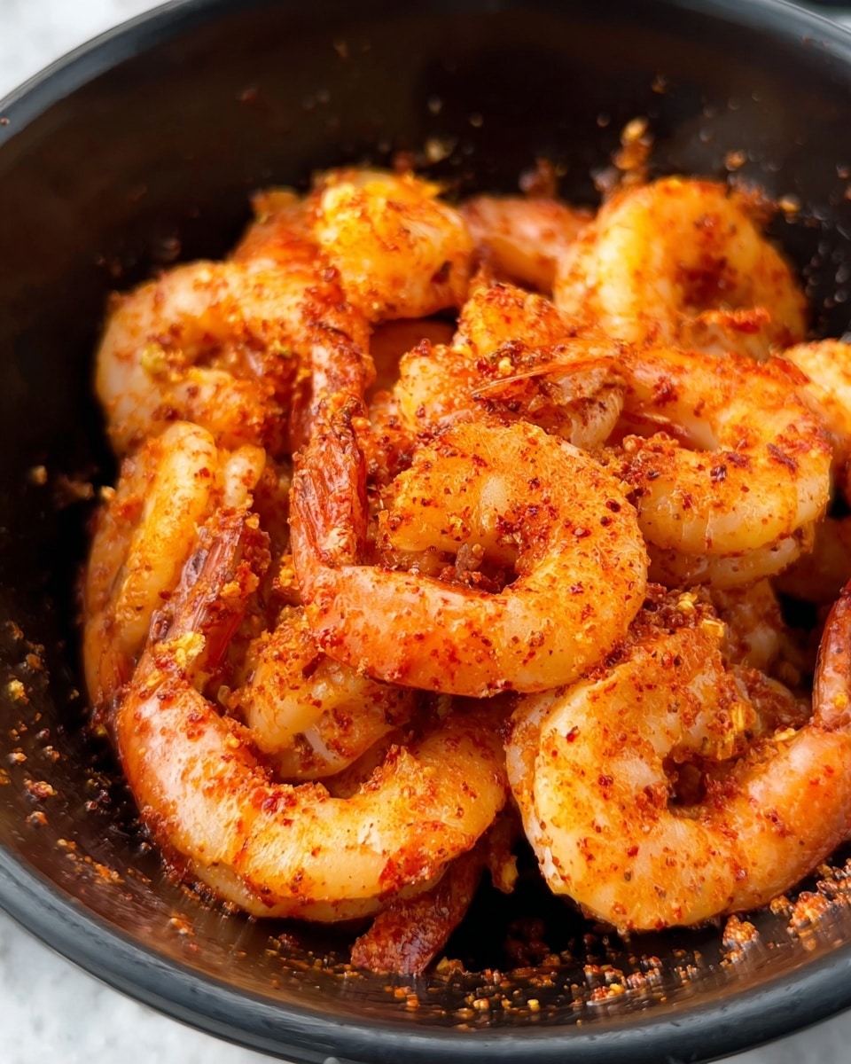 A close-up view of cooked shrimp in a black bowl, with each shrimp covered in reddish-orange spices showing a textured coating. The shrimp are piled in the center, and the seasoning is scattered around inside the bowl, giving a slightly rough appearance. The shrimp have a slightly translucent and juicy look with curves and slight char marks. The surface around the bowl is white marbled texture. photo taken with an iphone --ar 4:5 --v 7