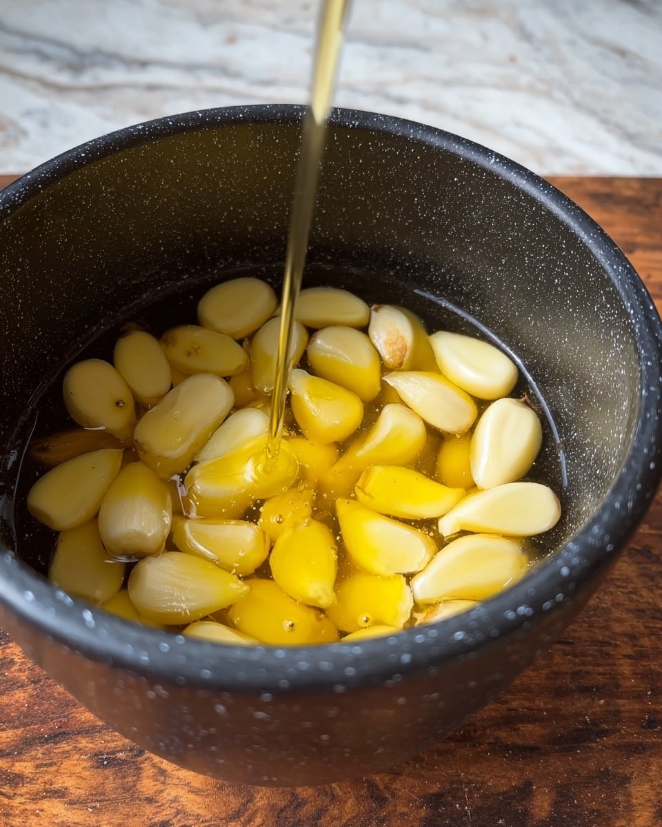 A close-up view inside a dark speckled pot filled with many peeled bright yellow garlic cloves submerged in liquid, with a light golden stream of oil being poured from above into the pot, clear droplets visible on the pot’s edge, all set against a wooden surface replaced by a white marbled texture photo taken with an iphone --ar 4:5 --v 7