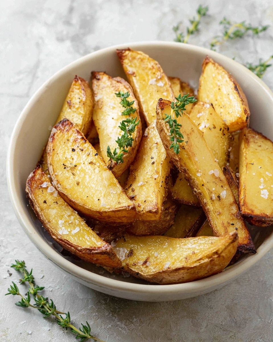 The image shows a white bowl full of golden roasted potato wedges. The wedges are thick with crisp browned edges and soft creamy centers, sprinkled lightly with coarse salt and small black pepper bits. Two small green sprigs of fresh thyme lay across the top of the potato wedges, adding a touch of color and freshness. The bowl sits on a white marbled surface, and some thyme sprigs are scattered around it. The light in the photo highlights the shiny, crunchy texture of the potatoes. photo taken with an iphone --ar 4:5 --v 7