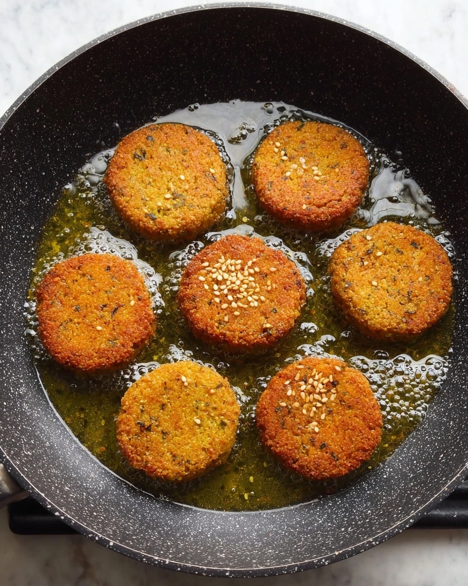 The image shows a black, speckled frying pan filled with golden brown falafel patties frying in hot oil. There are seven round falafel pieces, evenly spaced in the pan, each with a crispy, textured surface dotted with small sesame seeds and herbs. The oil bubbles gently around the edges of the falafel, giving a shiny, slightly wet look to the bottom. The pan sits on a stove, and the background is a white marbled surface. photo taken with an iphone --ar 4:5 --v 7