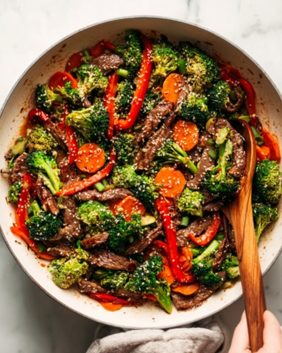 A white bowl with a brown rim holds a dish with three main layers: the bottom layer is white rice, the middle layer has dark brown beef slices mixed with bright green broccoli florets and sliced red bell peppers, and the top layer is sprinkled with white sesame seeds and thinly sliced green onions. A silver fork rests inside the bowl on the right side. The bowl is placed on a white marbled surface with parts of another similar bowl and small white bowls containing sesame seeds and sliced green onions visible around it. Photo taken with an iphone --ar 4:5 --v 7