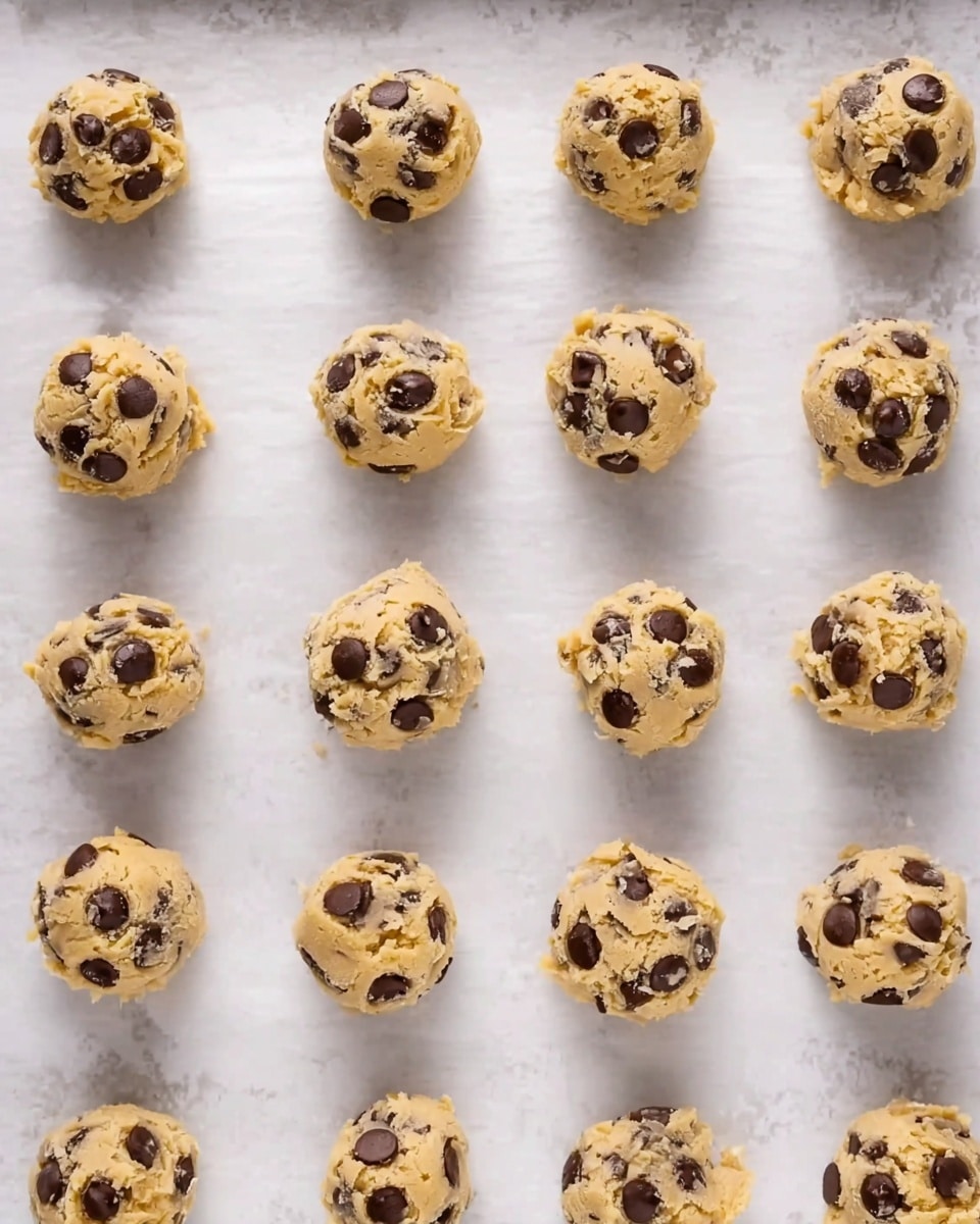 The image shows small cookie dough balls arranged evenly on a white parchment paper. Each dough ball is light beige with several dark chocolate chips scattered on top and embedded inside. The dough balls have a rough, slightly crumbly texture and are spaced out in neat rows on a white marbled surface underneath the parchment paper. photo taken with an iphone --ar 4:5 --v 7