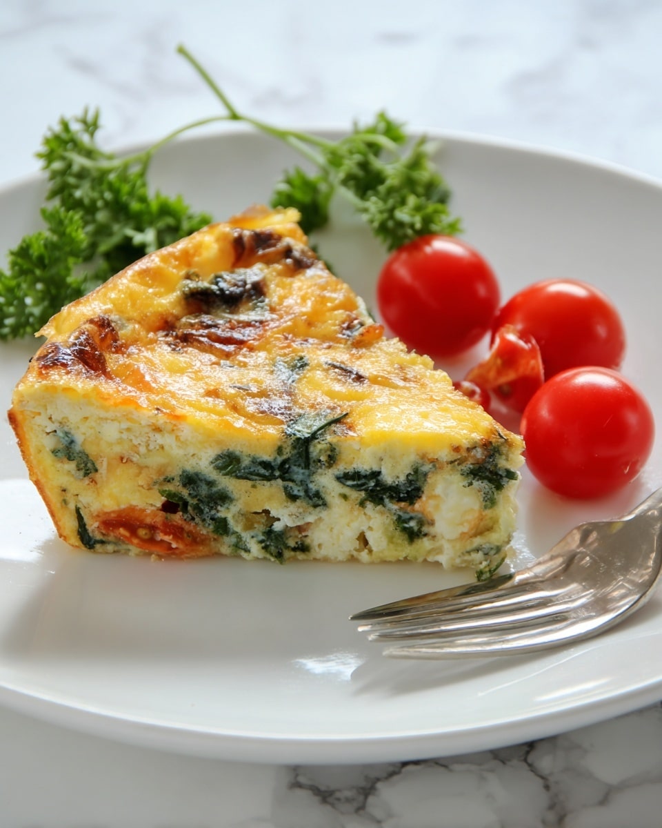 A slice of baked egg dish with visible three layers: a light golden-brown top layer with browned cheese, a middle layer with green leafy vegetables mixed into a creamy egg base, and a pale, firm bottom crust. The slice is placed on a white plate with three shiny red cherry tomatoes and a small bunch of fresh green parsley on the side. The plate and silver fork rest on a white marbled surface. Photo taken with an iphone --ar 4:5 --v 7