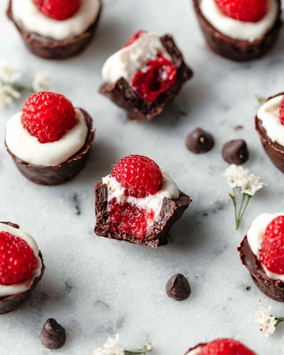 The image shows several small treats on a white marbled surface, each made of three layers: a dark chocolate base, a bright red raspberry encasing the middle, and topped with a small dollop of smooth white cream in the center. Some treats are whole with the round raspberry tops fully visible, while others are cut in half, revealing the rich red raspberry texture inside with white cream on top and a bit of chocolate on the bottom. Scattered around the treats are a few dark chocolate chips and small white flowers, adding more detail to the scene. The photo taken with an iphone --ar 4:5 --v 7