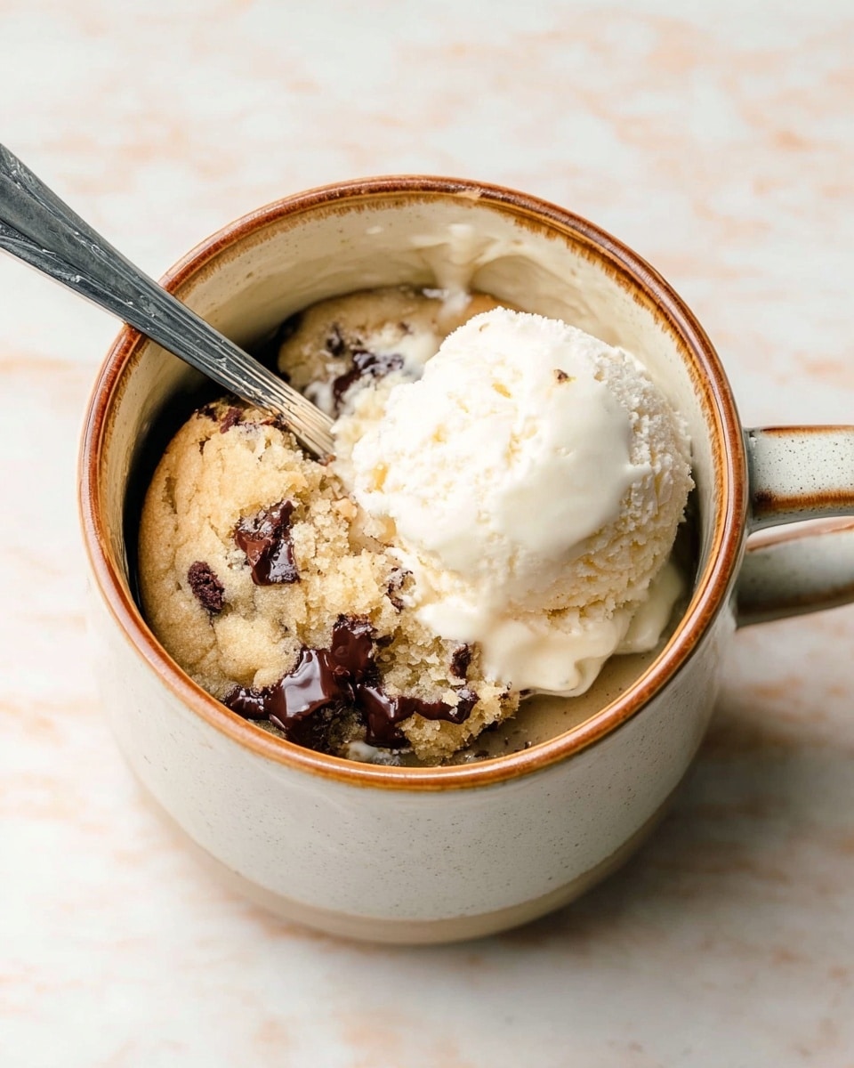 A round light brown ceramic mug filled with a scoop of creamy white ice cream on top of a cookie with melted dark chocolate chunks inside. The cookie has a golden brown color and slightly crumbly texture, partially soaked in melted ice cream around it. A silver spoon rests inside the mug, scooping some of the cookie and ice cream. The mug sits on a white marbled surface. Photo taken with an iphone --ar 4:5 --v 7