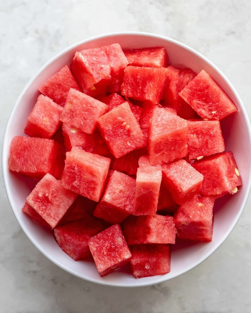 A white bowl filled with many bright red watermelon cubes, each cube showing slightly different shades of juicy red and pink, stacked closely together to fill the bowl. The cubes have a soft and smooth texture with a few small seeds visible in some pieces. The bowl is placed on a surface with a white marbled texture. photo taken with an iphone --ar 4:5 --v 7