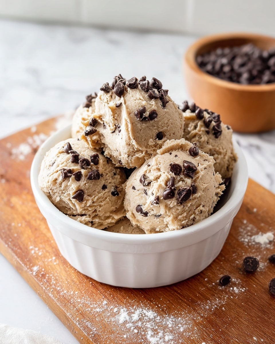 A white round bowl holds four large scoops of light brown dough filled with small dark chocolate pieces. The dough has a rough texture with more dark chocolate chips sprinkled on top of the scoops. The bowl is placed on a wooden cutting board with some flour dust around it, and the background shows a white marbled surface. In the background, there is a wooden bowl with extra dark chocolate chips that are slightly blurred. Photo taken with an iphone --ar 4:5 --v 7