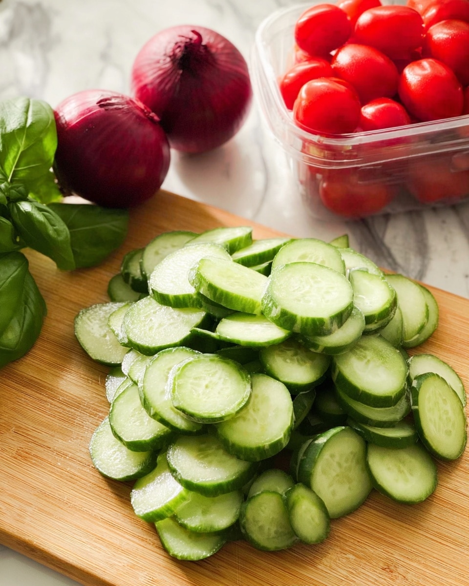 A wooden board on a white marbled surface holds fresh green cucumber slices spread in a pile in the front center, showing their smooth, shiny green skin and pale green inside. Behind the cucumbers, there are two whole red onions with a rough texture and deep purple-red color. Next to the onions is a clear plastic container filled with bright red cherry tomatoes with smooth, glossy skin. On the left side of the image, fresh green basil leaves with soft, slightly shiny texture are partially visible. photo taken with an iphone --ar 4:5 --v 7