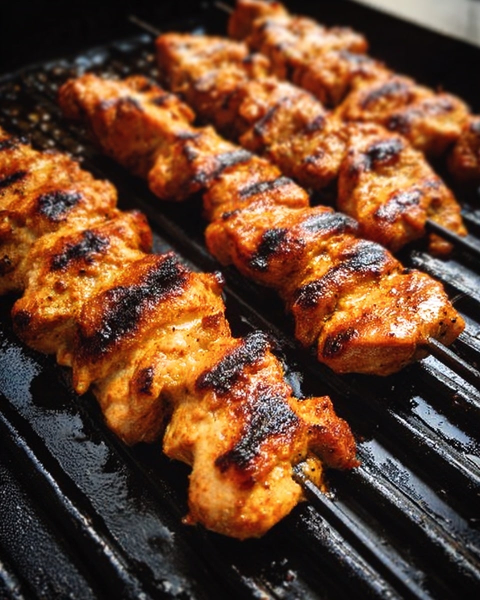The image shows several skewers of grilled chicken with a golden brown color and dark grill marks. The chicken pieces are arranged close together on a black grill surface with parallel grill lines. The chicken looks juicy with a slightly shiny texture from the marinade. The background is a white marbled texture. Photo taken with an iphone --ar 4:5 --v 7