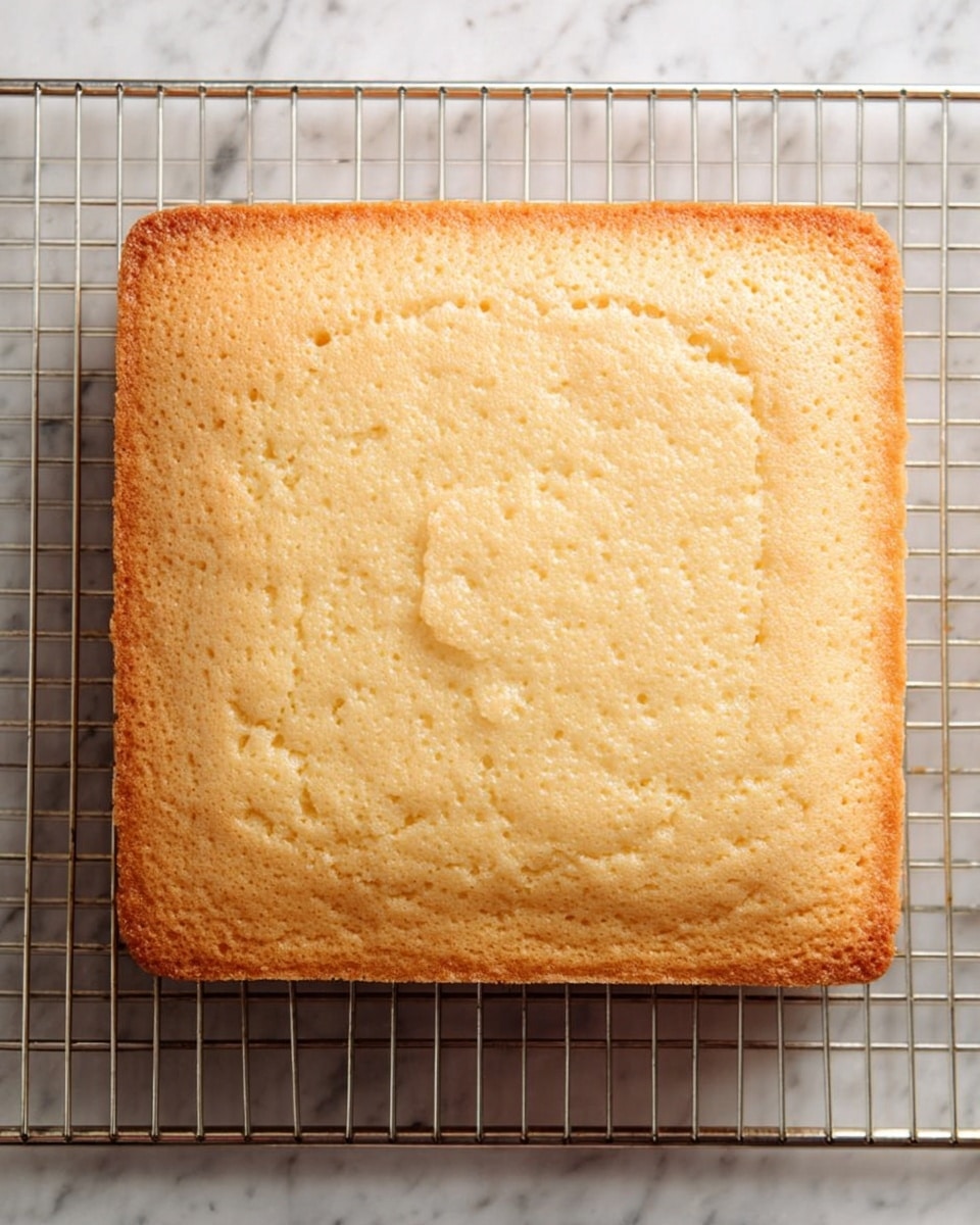 A square, single-layer cake with a light golden brown color sits on a silver cooling rack. The cake surface is smooth with some small air bubbles and a slightly uneven texture, showing minor browning spots. The edges are slightly darker, hinting at a crispy crust, while the top remains soft. The background is a white marbled surface. photo taken with an iphone --ar 4:5 --v 7