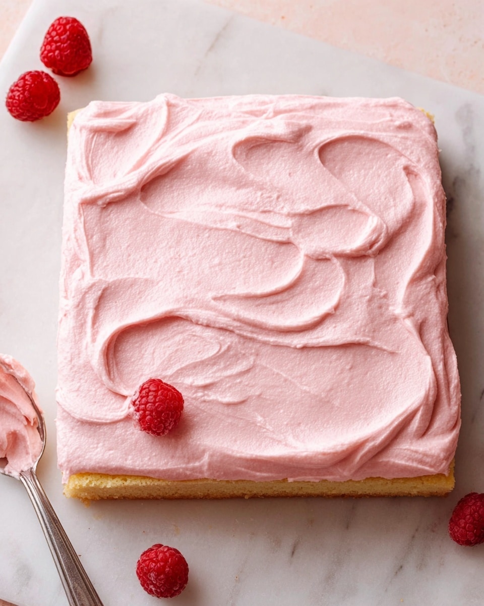 A square yellow cake sits on a white marbled surface with a thick layer of smooth, light pink frosting spread evenly over the top. The pink frosting has a creamy texture with some bold swirls showing movement and texture on the surface. Around the cake are a few bright red raspberries adding small color spots, and a spoon with some pink frosting on it rests near the cake. The photo taken with an iphone --ar 4:5 --v 7