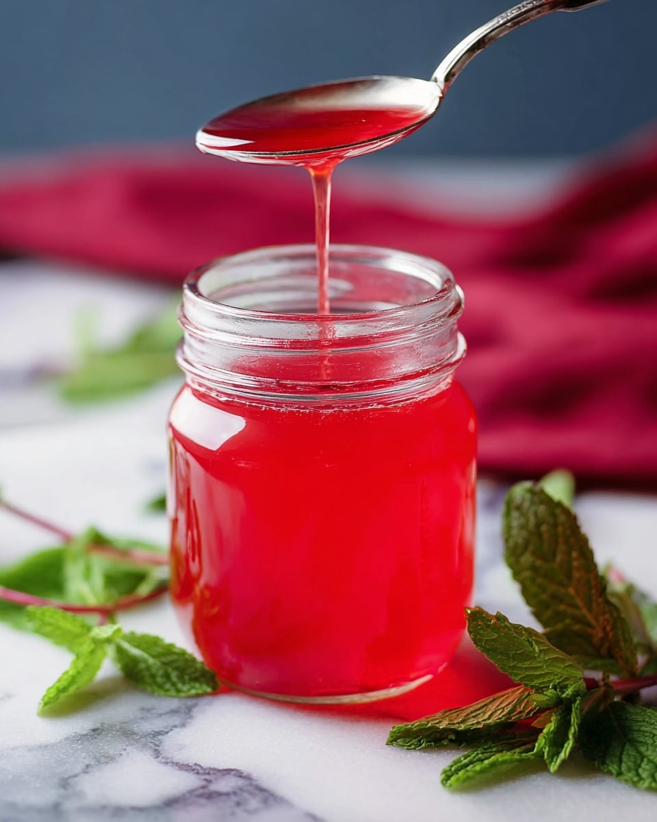 A clear glass jar filled with bright red syrup is placed on a white marbled surface. A silver ladle holds some red syrup above the jar, with a thin stream of syrup dripping back into the jar. Fresh green mint leaves lie scattered around the jar, adding a fresh contrast to the red syrup. The background is softly blurred with a red cloth visible behind the jar. The photo is sharp and colorful, showing the shiny texture of the syrup and the fresh details of the mint leaves. Photo taken with an iphone --ar 4:5 --v 7