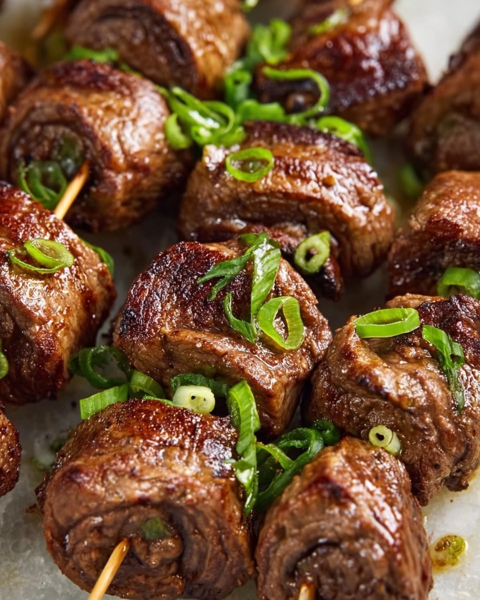 There are four spiral-shaped grilled meat skewers placed on a black grill. Each skewer shows layers of cooked, brown meat with a slightly charred surface and some green herbs visible inside the spirals. The meat has a glossy, juicy texture with darker grilled spots and some black char marks. The skewers are arranged in a line, pointing to the right on the grill, which has a black gridded surface that shows signs of cooking use. In the background, you can see a blurred white chair and some green outdoor grass. The photo is taken with an iphone --ar 4:5 --v 7