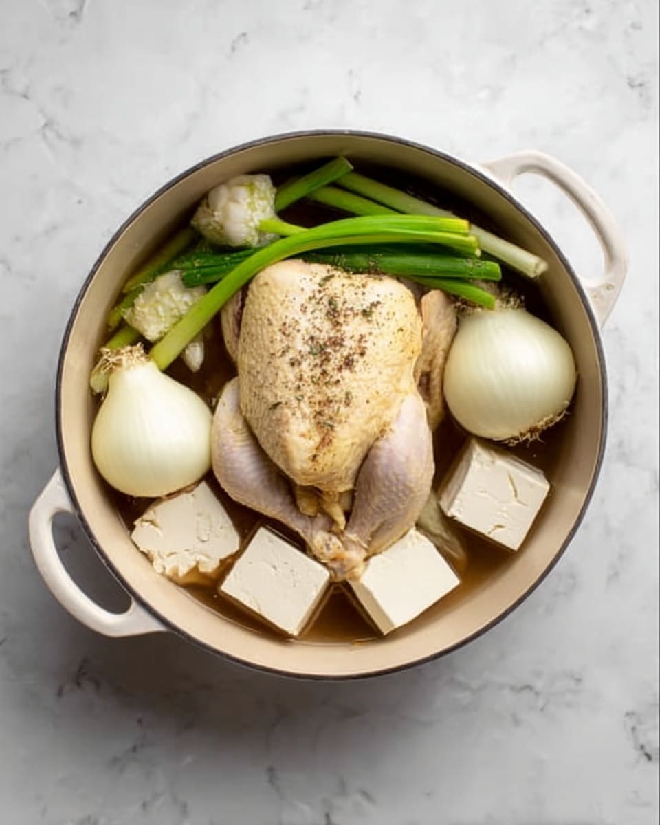 A white pot sits on a white marbled surface, filled with a whole raw chicken at the center. Around the chicken, there are large pieces of white tofu cubes, two whole green onions with roots, and a whole peeled white onion. Some spices are sprinkled on top of the chicken. The colors include the light beige of the chicken skin, pure white tofu and onion, and bright green onions. The photo taken with an iphone --ar 4:5 --v 7
