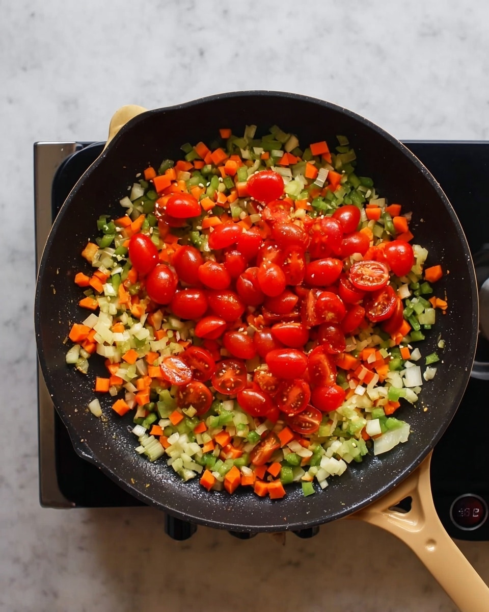 In a black skillet with a tan handle sitting on a white marbled surface, there are two layers of vegetables. The bottom layer is finely chopped and mixed with diced green bell peppers, orange carrots, and white onions scattered evenly across the pan. On top, sliced and whole small red grape tomatoes are placed randomly, adding a bright contrast to the colors below. The skillet is centered on an electric stove. Photo taken with an iphone --ar 4:5 --v 7