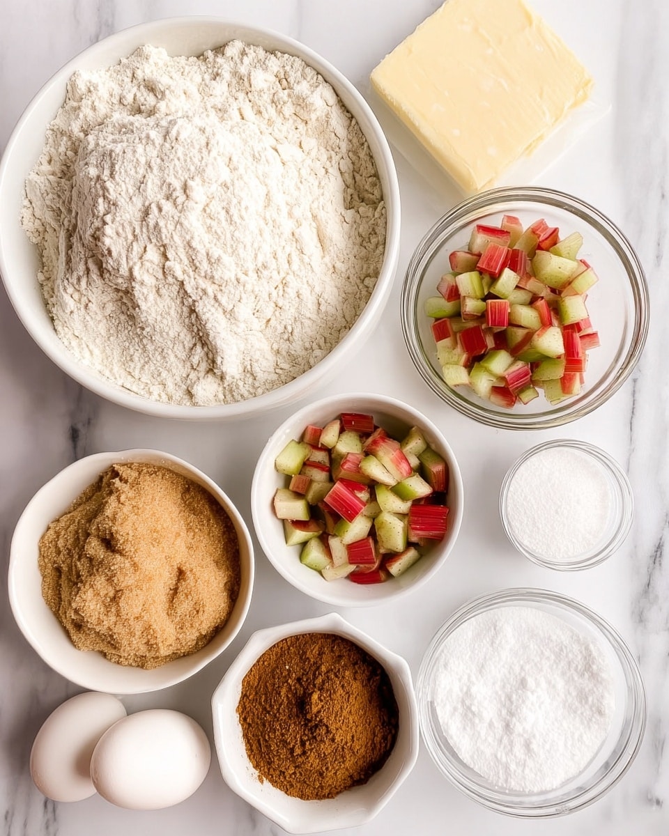 The image shows several white bowls arranged on a white marbled surface, each filled with different baking ingredients. Starting from the top left, there is a large white bowl filled with fine white flour. Next to it on the right is an empty clear glass bowl. Below that, a white bowl contains small diced chunks of red and green rhubarb with a fresh, crisp texture. To the right, a small white bowl holds a mound of ground cinnamon, creating a warm brown color contrast. On the bottom left, a white bowl is piled with light brown sugar, its grainy texture visible. Next to it is a single white egg. At the bottom right, two small clear bowls contain white baking powder and powdered sugar, the powders looking soft and fine. In the top right corner, a rectangular stick of butter in yellow wrapping is partially visible. The scene is softly lit, with the colors and textures of each ingredient clear and distinct. photo taken with an iphone --ar 4:5 --v 7