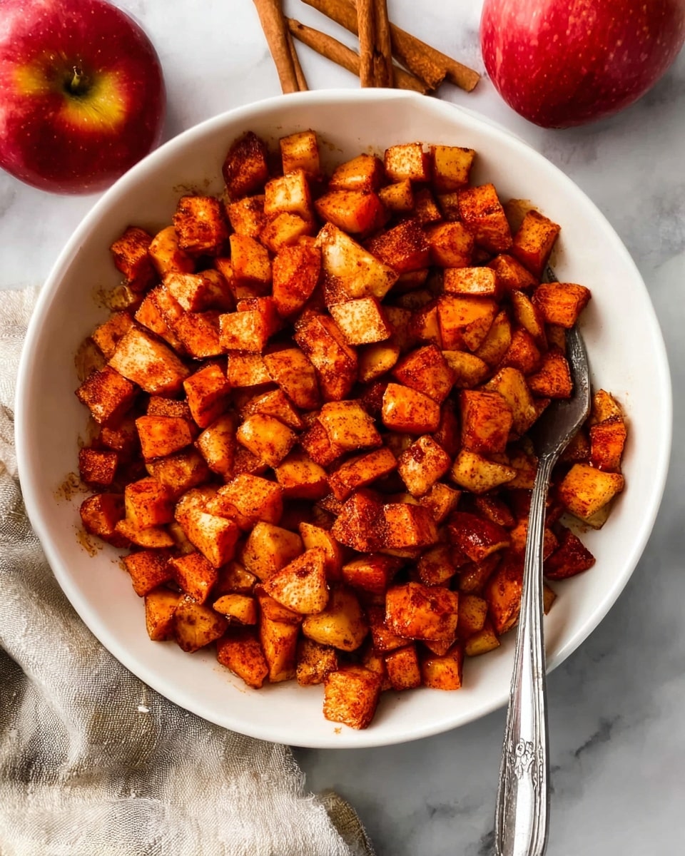 A white bowl filled with many small cubes of cooked sweet potatoes and apples, all mixed and covered lightly with cinnamon or similar spice, showing a warm orange and red-brown color on each piece. The bowl sits on a white marbled surface, with whole red apples and cinnamon sticks placed nearby for decoration. A silver fork is resting inside the bowl on the right side. The overall look is cozy and inviting, showing a simple autumn or fall dish. Photo taken with an iphone --ar 4:5 --v 7