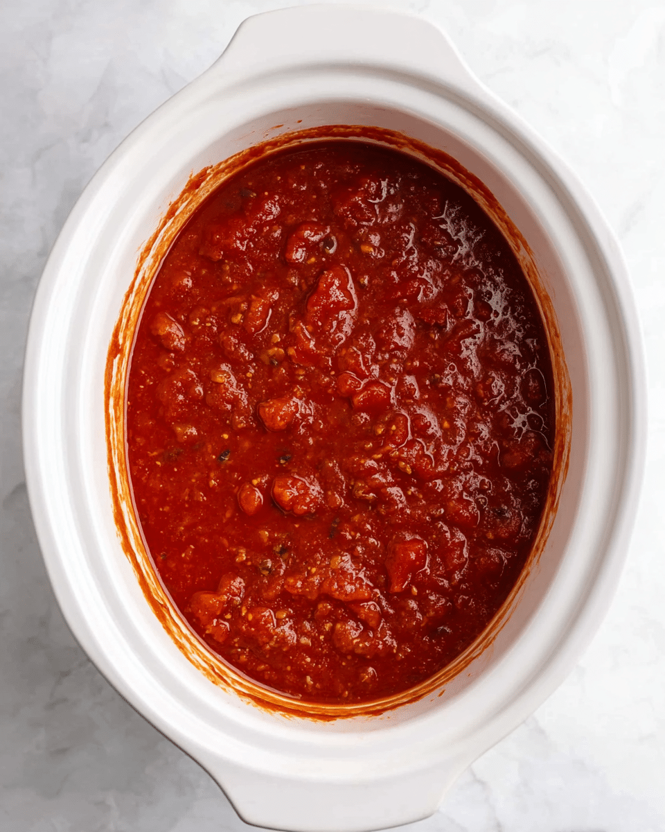 The image shows a white slow cooker filled with a thick, chunky red tomato sauce. The sauce has visible pieces of tomato and small herbs spread evenly throughout. Its rich, deep red color contrasts with the smooth white inside of the slow cooker. The sauce is spread in one even layer inside the cooker, and the edges show slight splashes of sauce on the white surface. The slow cooker is placed on a white marbled texture. photo taken with an iphone --ar 4:5 --v 7