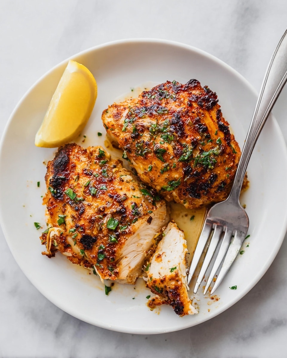 Two pieces of golden brown grilled chicken sit on a white plate, each with crispy, slightly charred edges and specks of green herbs sprinkled on top. A wedge of bright yellow lemon rests near the upper side of the plate. A fork holds a small piece of chicken, showing the white, tender inside. The plate is placed on a white marbled surface. photo taken with an iphone --ar 4:5 --v 7